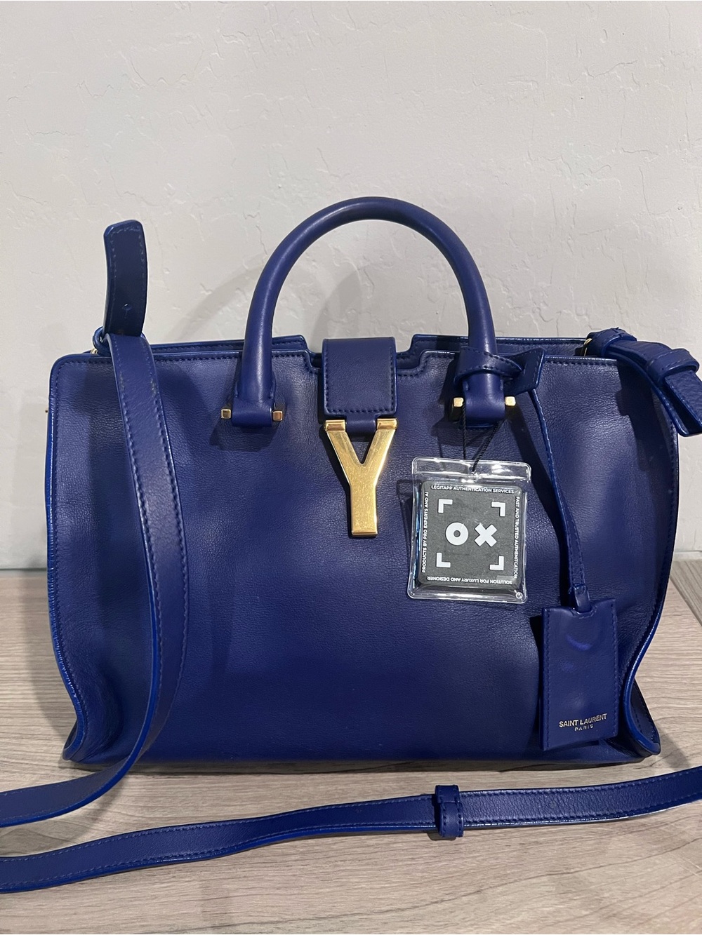 Saint Laurent Navy Leather Satchel with Gold Y Closure